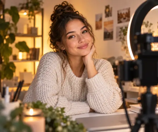 Friendly creator portrait against a warm studio background