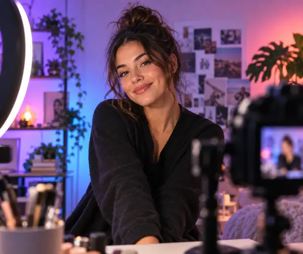 Confident creator portrait lit by a colorful studio light