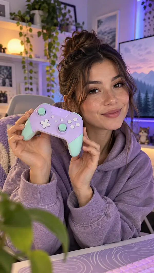 Portrait video still of a creator presenting a pastel game controller in a home studio