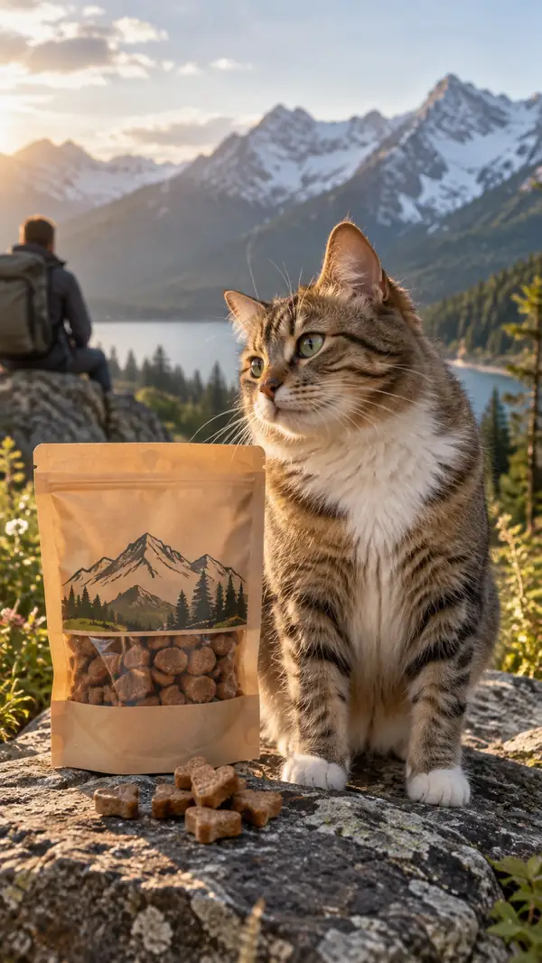 Portrait video still of a cat beside a packaged pet snack with mountains in the background