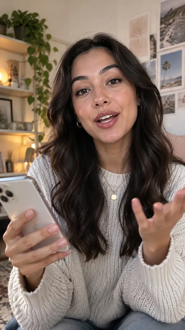 Portrait video still of a creator speaking to camera while holding a phone