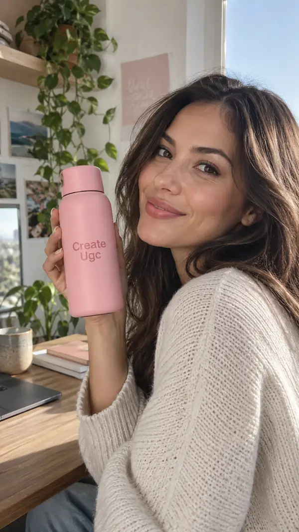 Portrait video still of a creator holding a pink everyday product in natural daylight