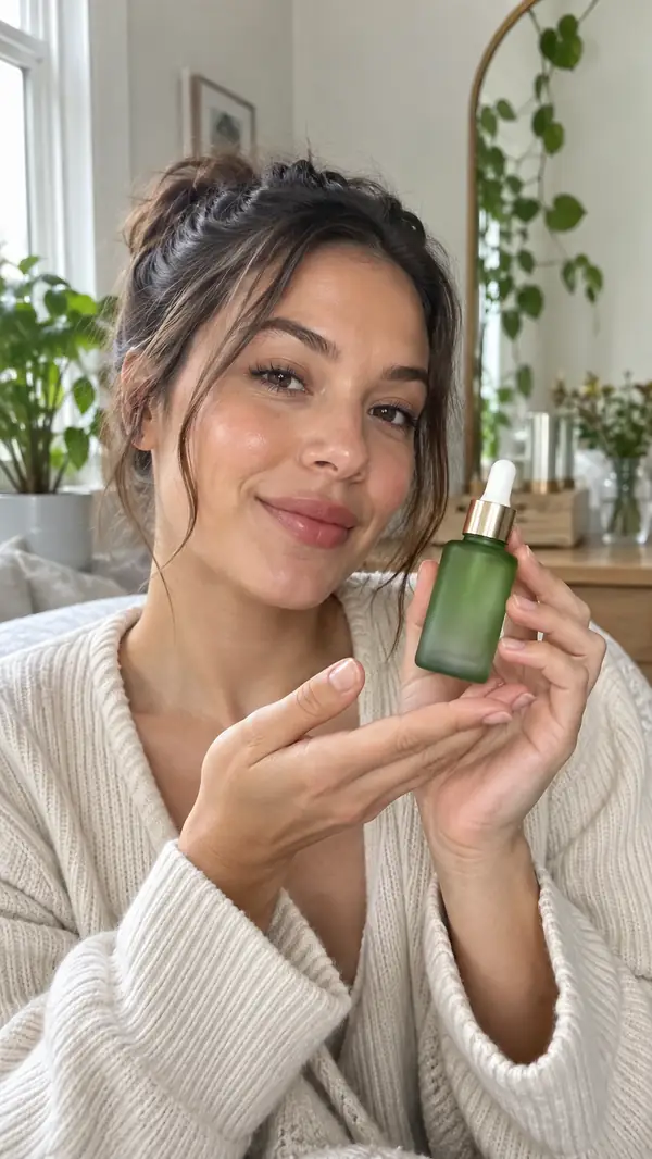 Portrait video still of a creator presenting a green skincare serum bottle in a bright room